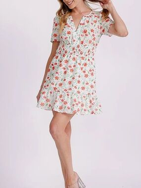 White Floral Eyelet Smocked Waist Mini Dress - Rubienn
